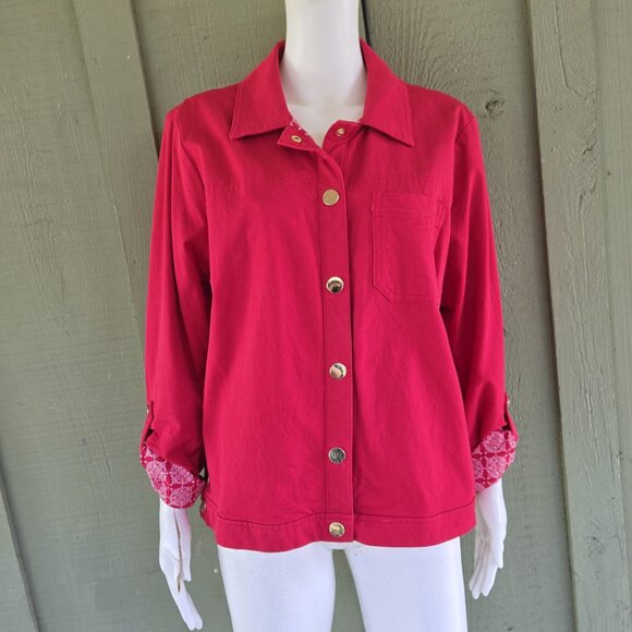 CHICO'S Red Adjustable Sleeve Cotton Blend Spring Jacket Sz 3P or US XLP 16P - Picture 1 of 4